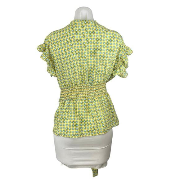 NEW Max Studio Green Multicolor V-neck Ruffle Sleeve Tie Belted Blouse Top Sz S - Picture 3 of 6